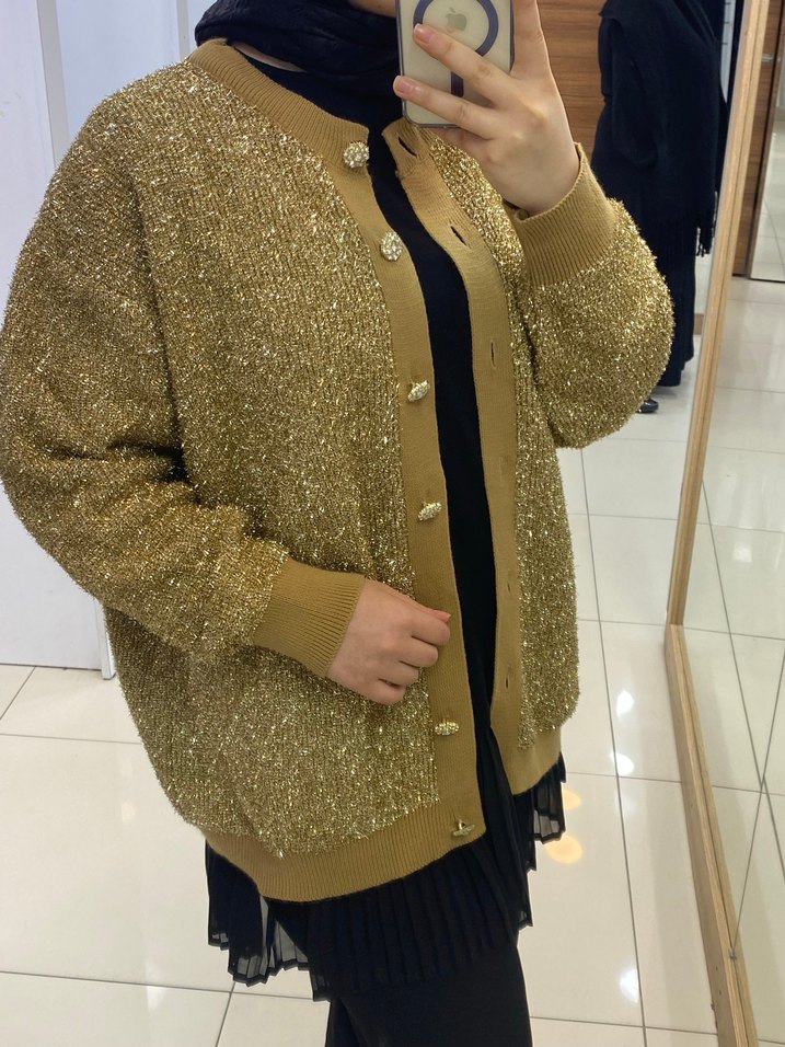 Düğmeli Parlak gold Midi Hırka - Görsel 2