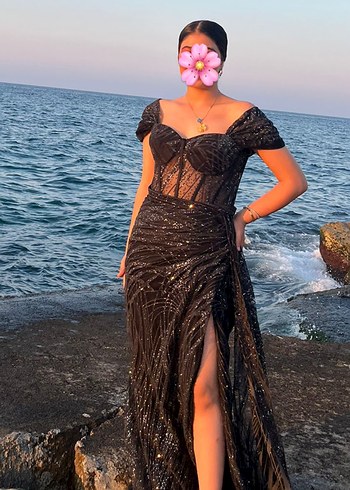 Siyah V Yaka Uzun Drapeli Abiye Elbise - Görsel 2