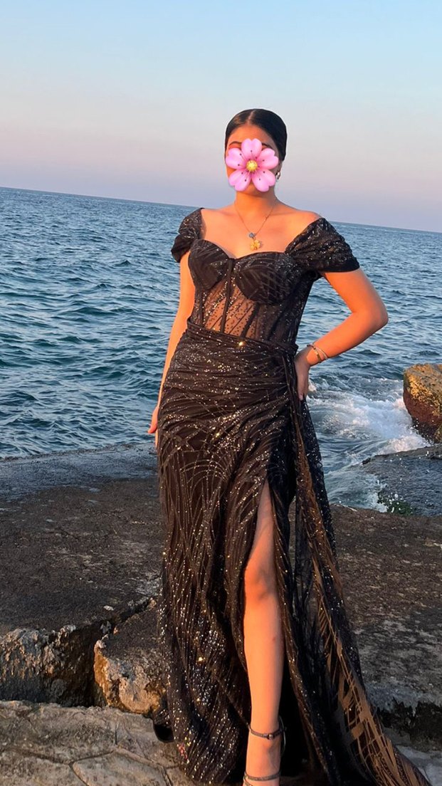 Siyah V Yaka Uzun Drapeli Abiye Elbise - Görsel 2