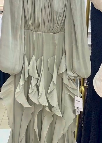 Su yeşili Uzun Kollu V Yaka Fırfırlı Elbise - Görsel 5