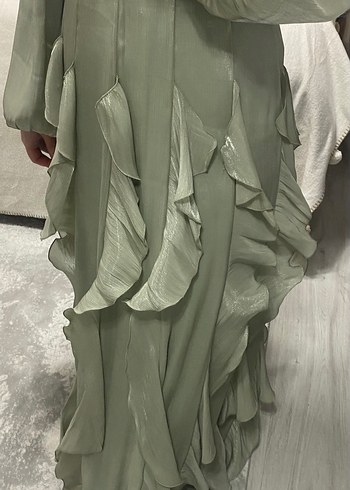 Su yeşili Uzun Kollu V Yaka Fırfırlı Elbise - Görsel 3