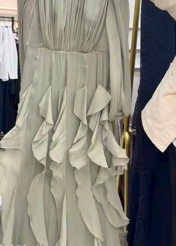 Su yeşili Uzun Kollu V Yaka Fırfırlı Elbise - Görsel 4