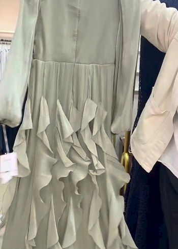 Su yeşili Uzun Kollu V Yaka Fırfırlı Elbise - Görsel 6