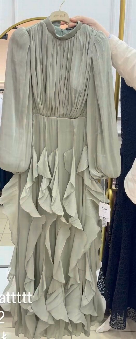 Su yeşili Uzun Kollu V Yaka Fırfırlı Elbise - Görsel 5