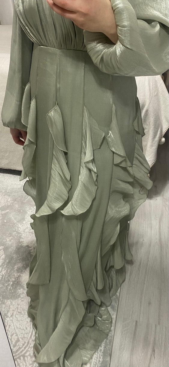 Su yeşili Uzun Kollu V Yaka Fırfırlı Elbise - Görsel 3