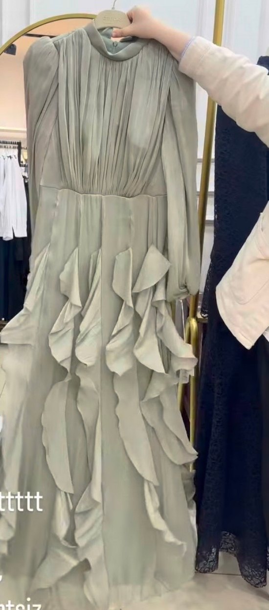 Su yeşili Uzun Kollu V Yaka Fırfırlı Elbise - Görsel 4