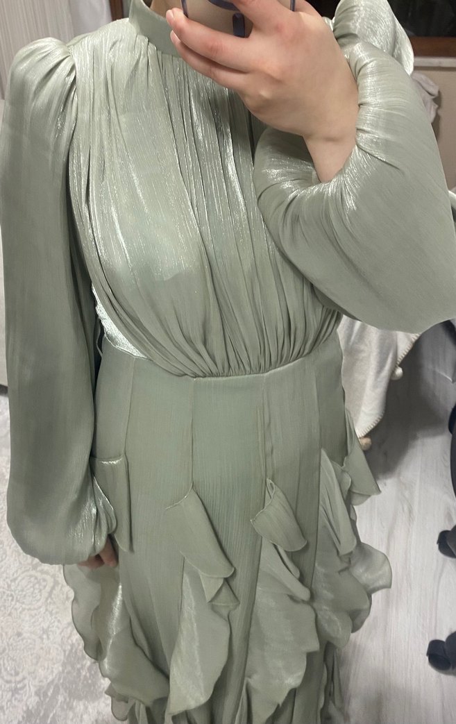 Su yeşili Uzun Kollu V Yaka Fırfırlı Elbise - Görsel 2