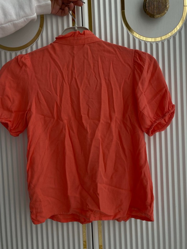 Kız Çocuk Kısa Kollu Kırmızı Keten Bluz - Görsel 2