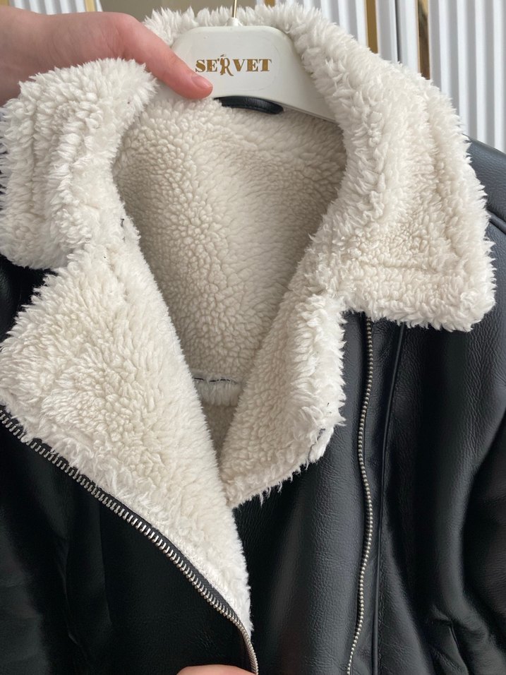 Kürklü Siyah Deri kız Ceket - Görsel 3