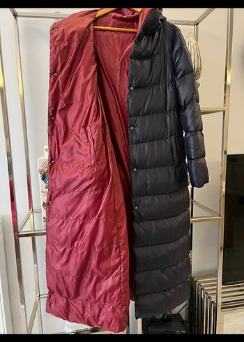 l Beden Düğmeli Uzun Kadın Kışlık Bordo Mont
