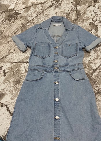Düğmeli Mavi Denim Midi Elbise