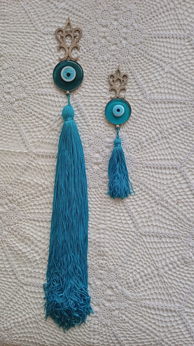 Vakko Gümüş kaplama Bohem Püsküllü Turkuaz 2 'li Duvar Nazarlığı - Görsel 2