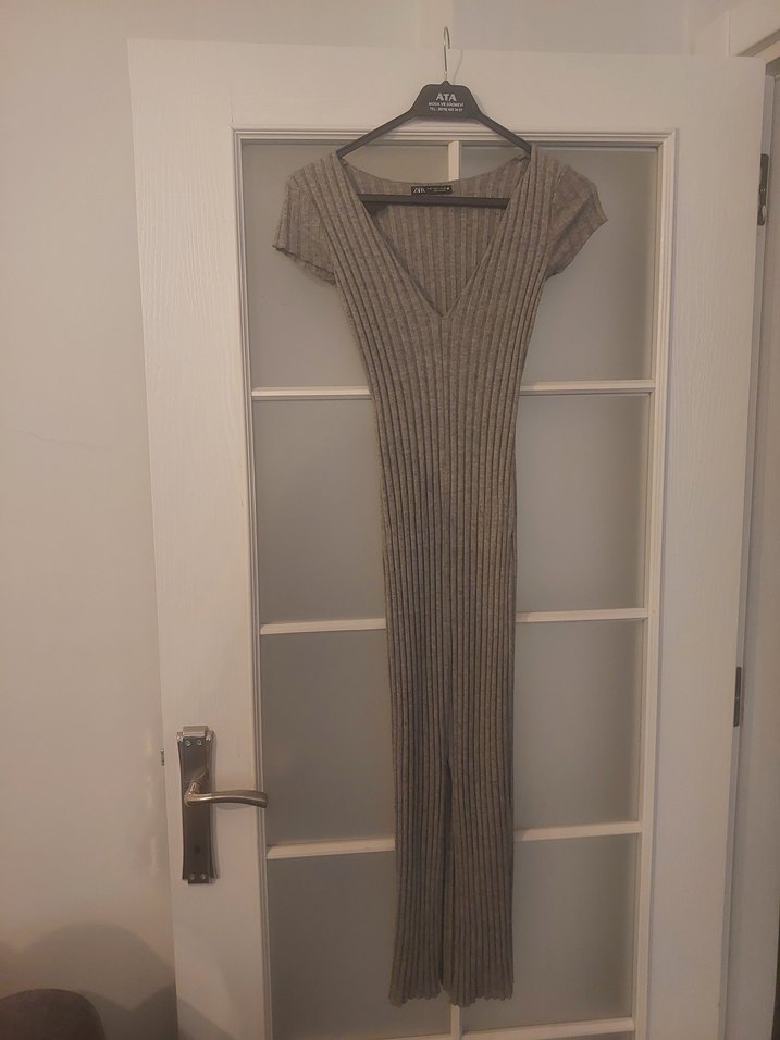 Gri V Yaka Fitilli Uzun Kadın Elbise - Görsel 2