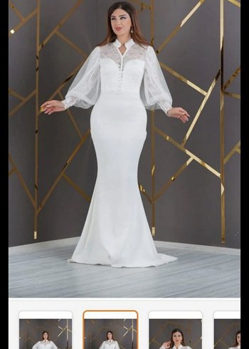 V Yaka Uzun Kollu Beyaz Balık Gelinlik - Görsel 4