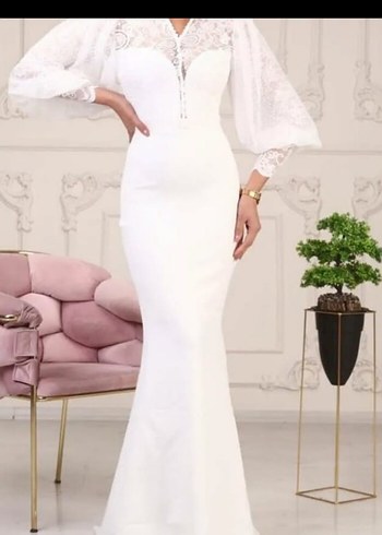 V Yaka Uzun Kollu Beyaz Balık Gelinlik - Görsel 3