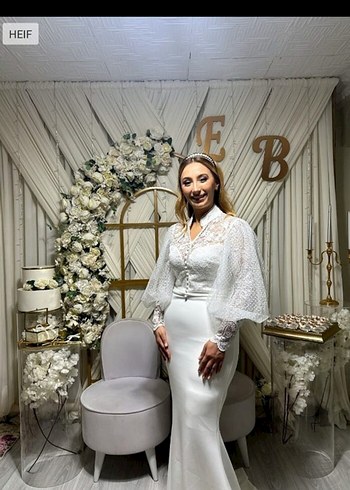 V Yaka Uzun Kollu Beyaz Balık Gelinlik - Görsel 5