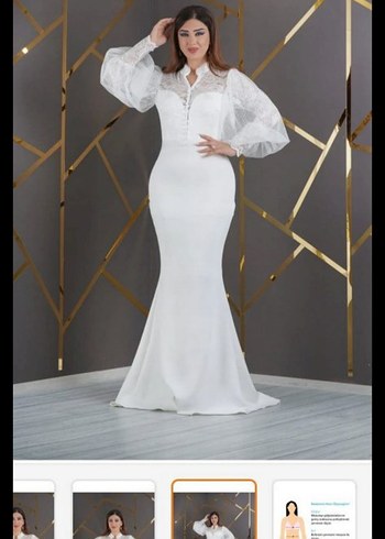 V Yaka Uzun Kollu Beyaz Balık Gelinlik - Görsel 2