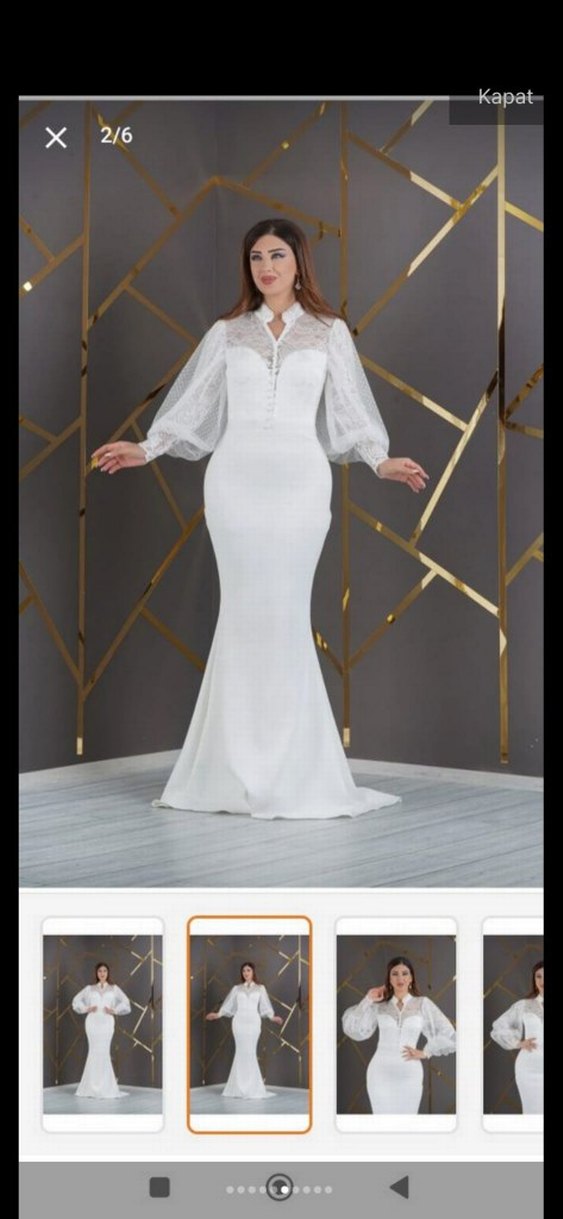 V Yaka Uzun Kollu Beyaz Balık Gelinlik - Görsel 4