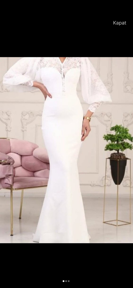 V Yaka Uzun Kollu Beyaz Balık Gelinlik - Görsel 3