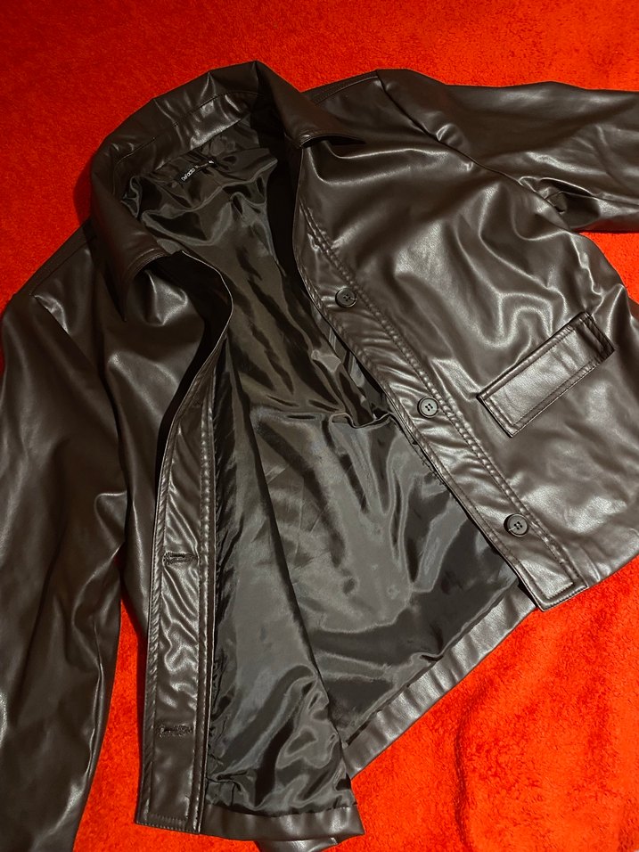 Düğmeli Kahverengi Deri Kadın Biker Ceket - Görsel 2