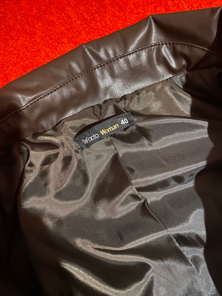 Düğmeli Kahverengi Deri Kadın Biker Ceket - Görsel 3