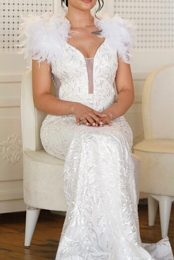 Beyaz otrişli elbise (gelinlik nişanlık) - Görsel 6