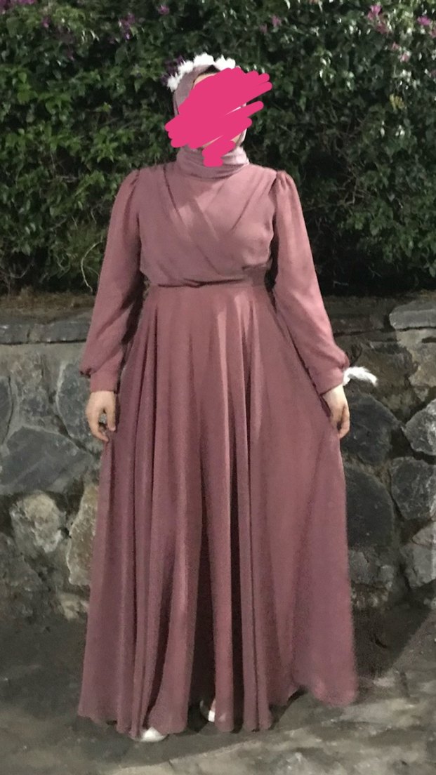 Pembe Uzun Kollu Bohem Salaş Tesettür Abiye Şal ile beraber - Görsel 2