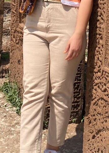 Kadın Bej Keten Rahat Kesim Pantolon - Görsel 3