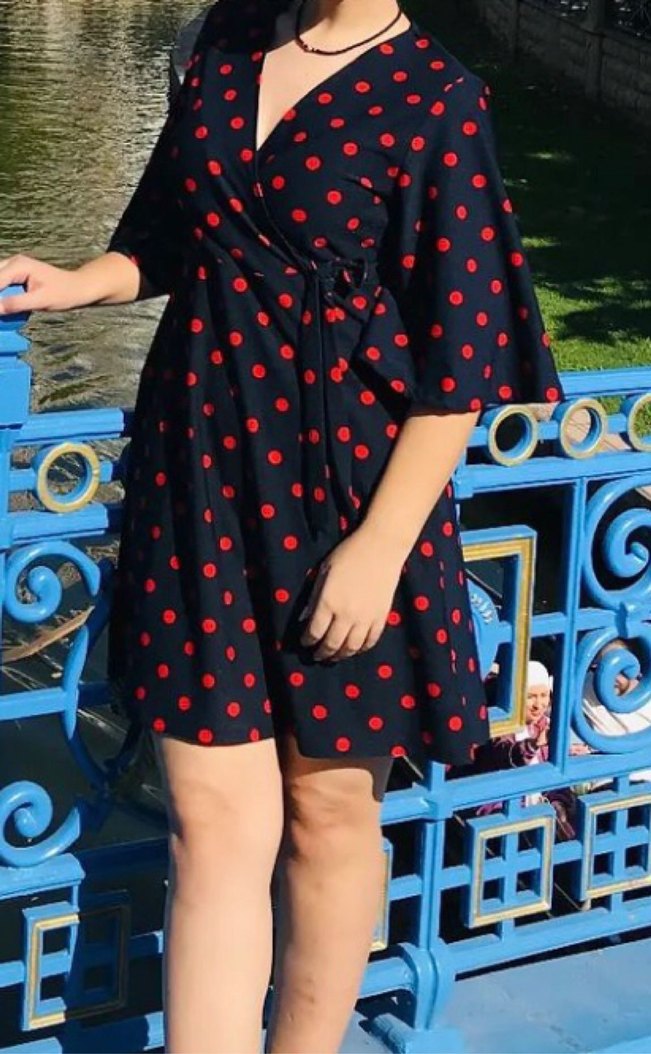 Kırmızı Puantiyeli Midi Elbise V Yakalı - Görsel 2