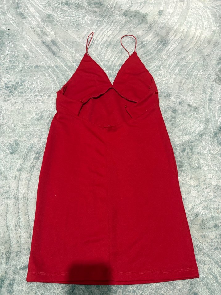Kırmızı V Yaka Sade Mini Elbise - Görsel 2