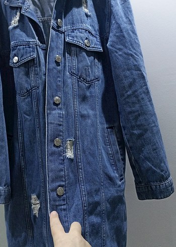 Düğmeli Mavi Kadın Midi Kot Ceket - Görsel 3