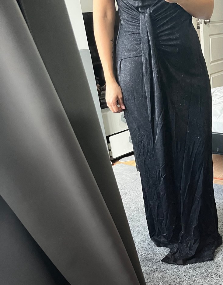 Siyah Drapeli V Yaka Uzun Abiye Elbise - Görsel 5