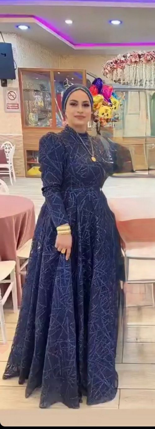 Mavi Parlak desenli Uzun Abiye Elbise - Görsel 2