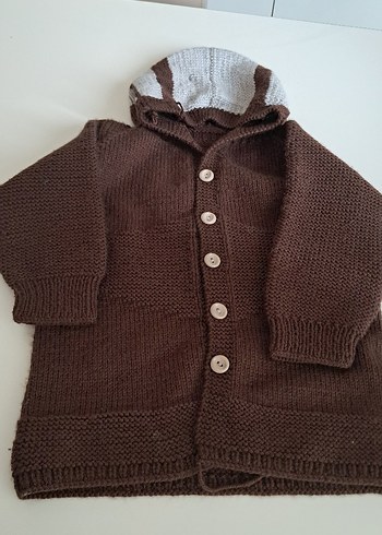 Kapüşonlu Kahverengi Erkek Çocuk Triko Hırka - Görsel 2