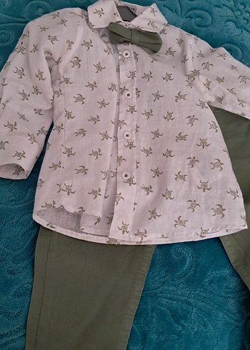 Erkek Bebek Gri Desenli Gömlek ve Yeşil Pantolon Takımı - Görsel 2