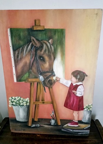 Hobby Life At ve Kız Çocuk Yağlıboya Tablo el yapımı