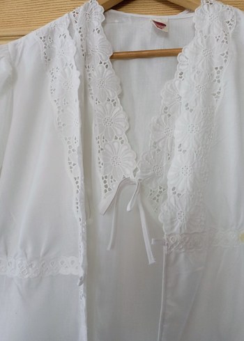 Beyaz Vintage Uzun Kadın Sabahlık gecelik 2 li - Görsel 2