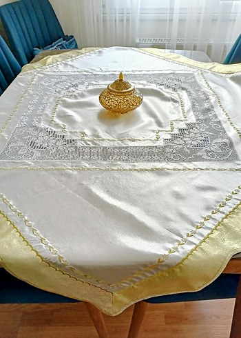 DANTEL SATEN Nakışlı Beyaz Parlak Masa Örtüsü - Görsel 5
