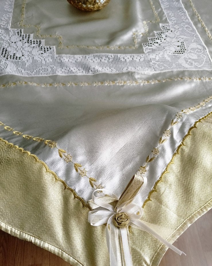 DANTEL SATEN Nakışlı Beyaz Parlak Masa Örtüsü - Görsel 4