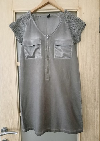 LİKRALI Gri Kısa Kollu Elbise L/XL - Görsel 5