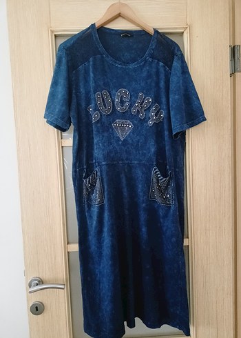 Payetli Lacivert Batik Desenli Elbise 46/48 - Görsel 4