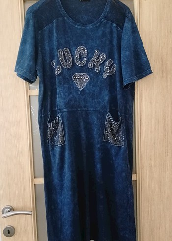 Payetli Lacivert Batik Desenli Elbise 46/48 - Görsel 2