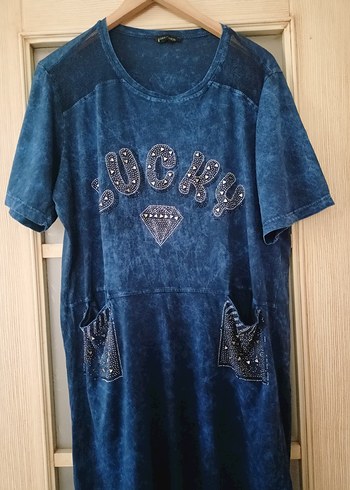 Payetli Lacivert Batik Desenli Elbise 46/48 - Görsel 3