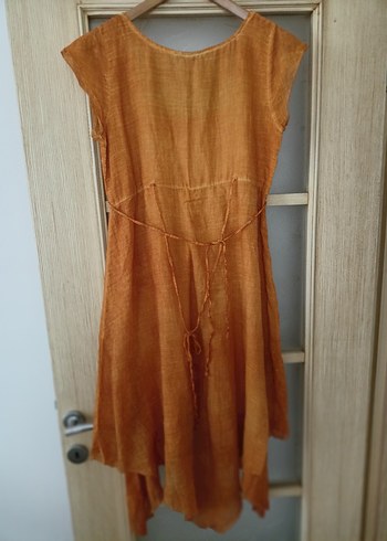 yüzde yüz pamuklu Bej Uzun Keten Bohem Elbise - Görsel 5