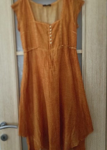 yüzde yüz pamuklu Bej Uzun Keten Bohem Elbise - Görsel 2