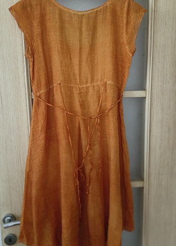 yüzde yüz pamuklu Bej Uzun Keten Bohem Elbise - Görsel 3