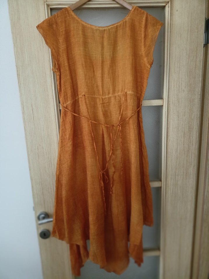 yüzde yüz pamuklu Bej Uzun Keten Bohem Elbise - Görsel 5