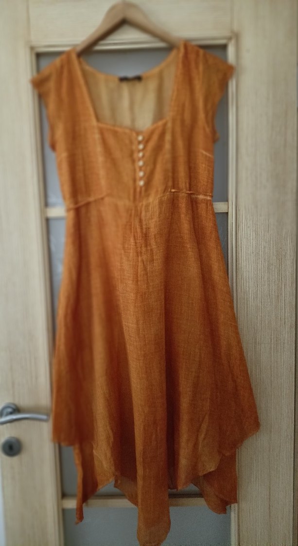 yüzde yüz pamuklu Bej Uzun Keten Bohem Elbise - Görsel 2