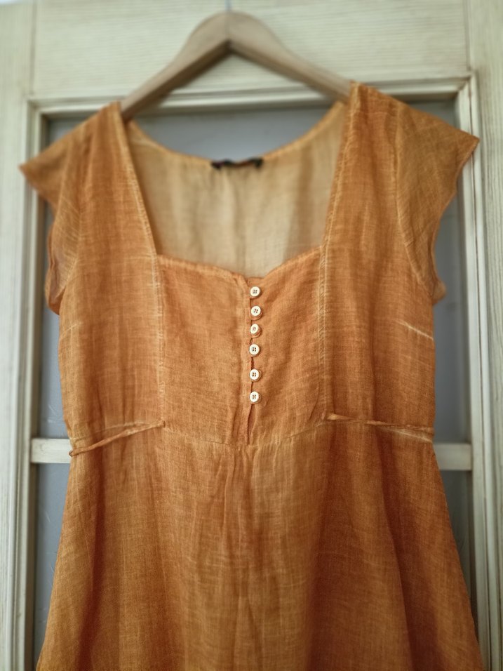 yüzde yüz pamuklu Bej Uzun Keten Bohem Elbise - Görsel 4