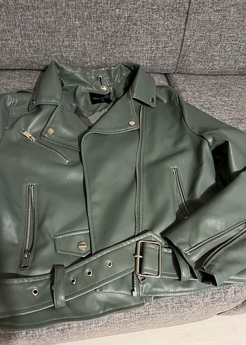 40 Beden Kemerli Yeşil Biker Deri Ceket